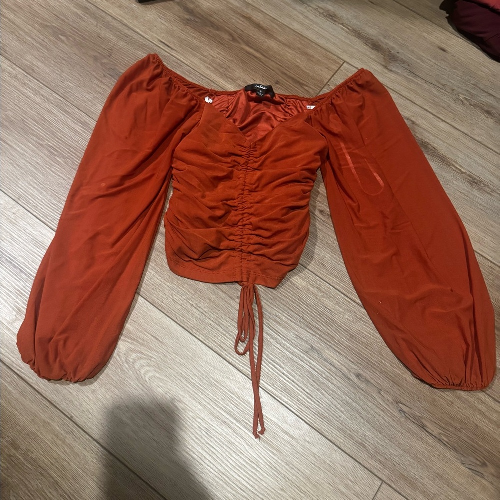 Lulu's Rust Orange Off-Shoulder Ruched Drawstring Crop Top